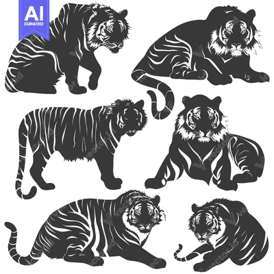 Aset desain premium: A Collection of Six Black and White Tiger Silhouettes