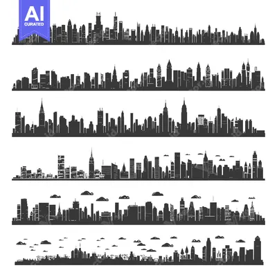 Aset desain premium: A Collection of Six Different City Skyline Silhouettes