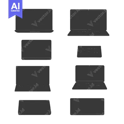 A collection of six grayscale laptop silhouettes in various configurat