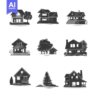 A Collection of Six Silhouettes of Houses with Landscaping