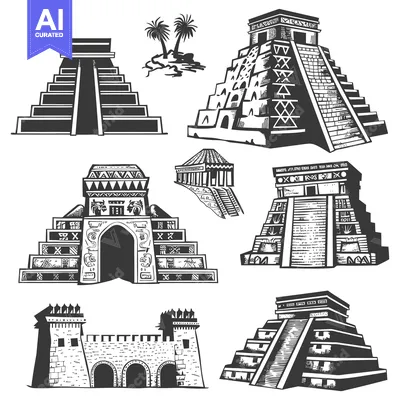 Aset premium populer: A Collection of Six Stylized Mayan Temples and Structures
