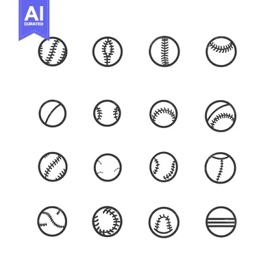 Aset premium populer: A Collection of Sixteen Baseball Ball Icons with Different Stitch Desi