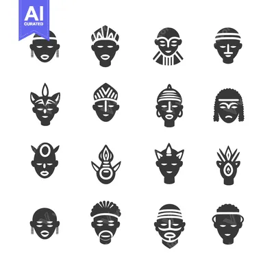 Aset desain premium: A Collection of Sixteen Black and White  African Tribal Masks