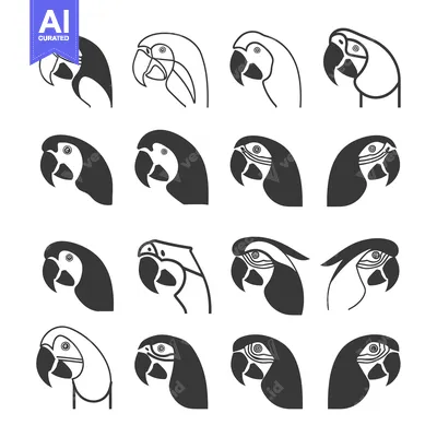 Aset desain premium: A Collection of Sixteen Black and White Macaw Parrot Head Silhouettes