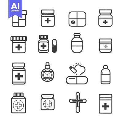 Premium design asset: A Collection of Sixteen Black and White Medication Icons