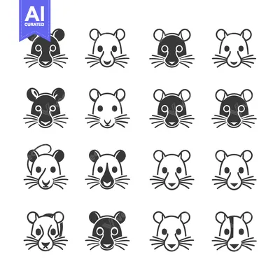 Aset premium populer: A Collection of Sixteen Black and White Mouse Faces with Varying Featu