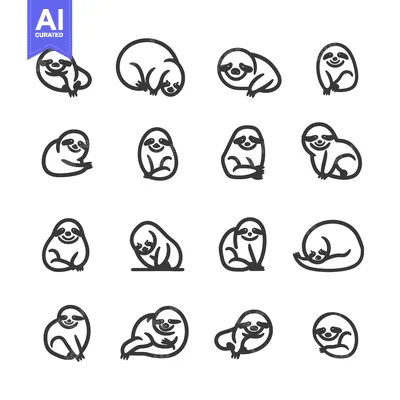 A Collection of Sixteen Black and White Outline Sloth Illustrations