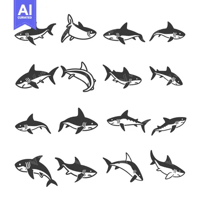 Aset desain premium: A Collection of Sixteen Black and White Shark Silhouettes