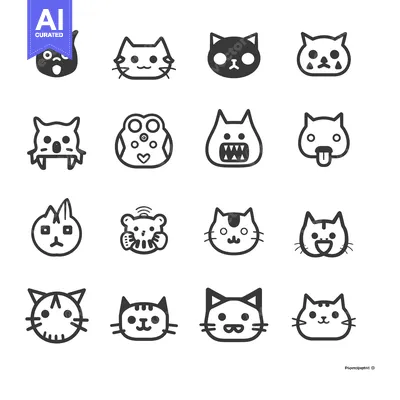 Aset premium populer: A Collection of Sixteen Cartoon Cat Faces with Various Expressions
