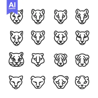 Aset premium populer: A Collection of Sixteen Cheetah Head Line Icons in Black and White
