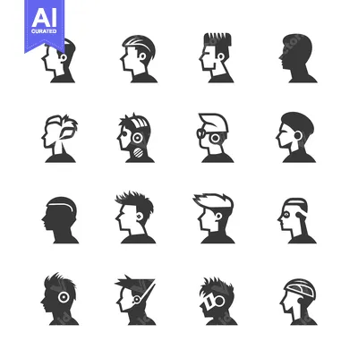 Aset premium populer: A Collection of Sixteen Diverse Male Hairstyles in Profile View