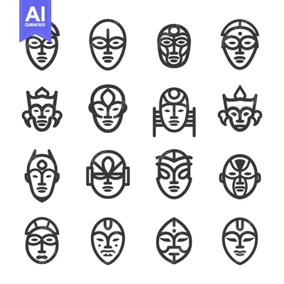 Premium design asset: A Collection of Sixteen Diverse Tribal Masks in Outline Style
