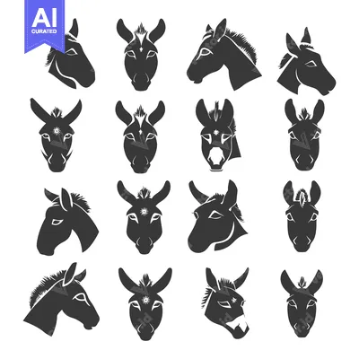 Aset premium populer: A Collection of Sixteen Donkey Head Silhouettes in Various Poses