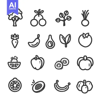A Collection of Sixteen Line Drawings of Fruits and Vegetables