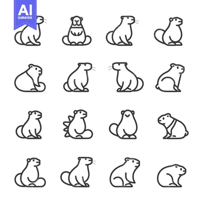 A Collection of Sixteen Line Drawings of Sitting Groundhogs