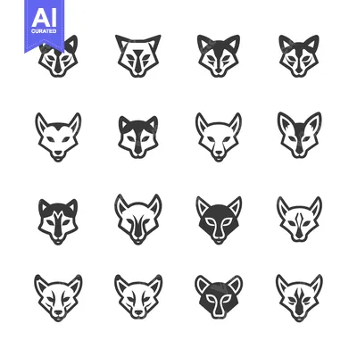 Aset premium populer: A Collection of Sixteen Stylized Fox Head Icons in Black and White