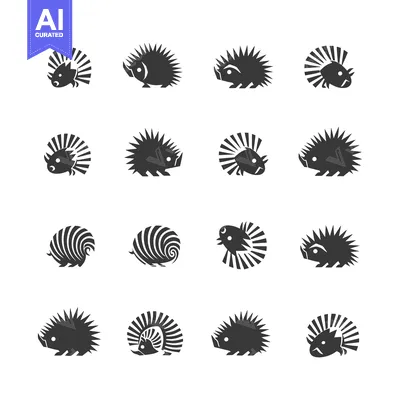 Aset desain premium: A Collection of Sixteen Stylized Hedgehog Silhouettes in Black