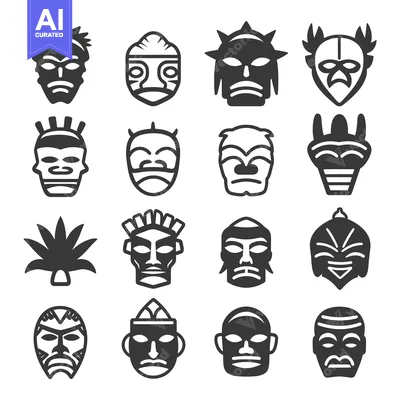 Aset desain premium: A Collection of Sixteen Tribal Masks with Unique Designs