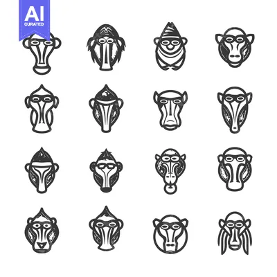 Aset desain premium: A Collection of Sixteen Unique Baboon Face Illustrations in Black and