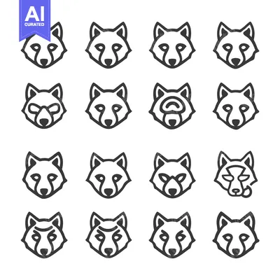 Aset desain premium: A Collection of Sixteen Wolf Head Line Art Icons
