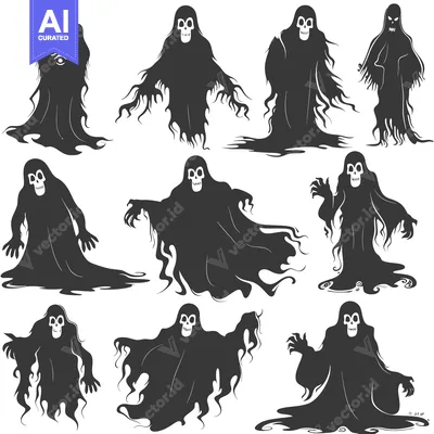 A Collection of  Spooky Ghost Silhouettes with Skulls