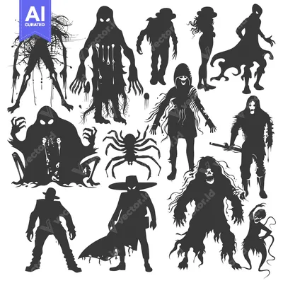 Aset desain premium: A Collection of Spooky Halloween Monster Silhouettes