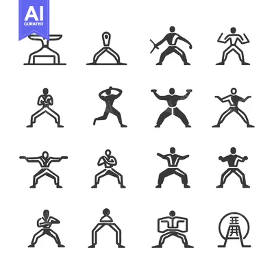 Aset desain premium: A Collection of Stick Figure Martial Arts Poses and Icons