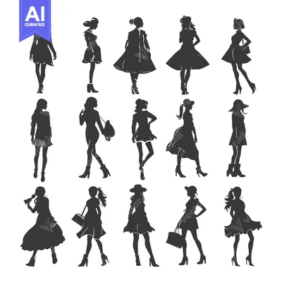 Aset desain premium: A Collection of Stylish Women's Silhouettes in Various Poses