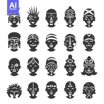 Aset premium populer: A Collection of Stylized African Tribal Masks in Black and White