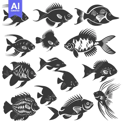 Aset desain premium: A Collection of Stylized Black and White Fish Silhouettes