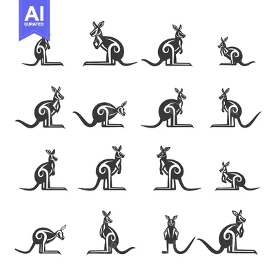 Aset desain premium: A Collection of Stylized Black and White Kangaroo Silhouettes
