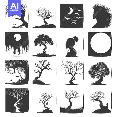 Popular premium asset: A Collection of Stylized Black and White Tree and Human Silhouettes