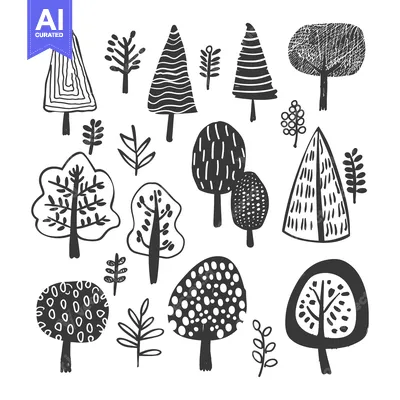 Aset premium populer: A Collection of Stylized Black and White Trees and Branches