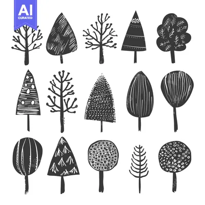 Aset desain premium: A Collection of Stylized Black and White Tree Silhouettes