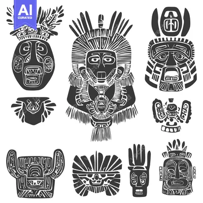 Aset desain premium: A Collection of Stylized Black and White Tribal Masks