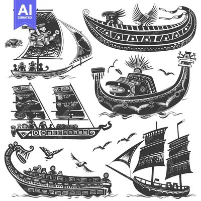 Premium design asset: A Collection of Stylized Boats with Geometric Patterns and Animal Moti