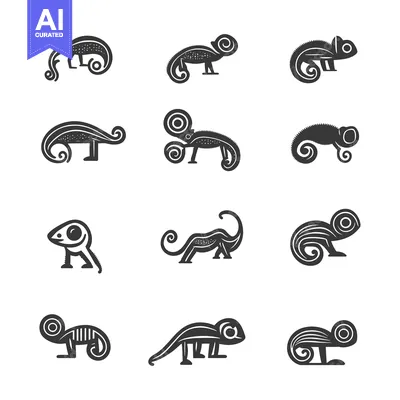 Premium design asset: A Collection of Stylized Chameleon Silhouettes in Black and White