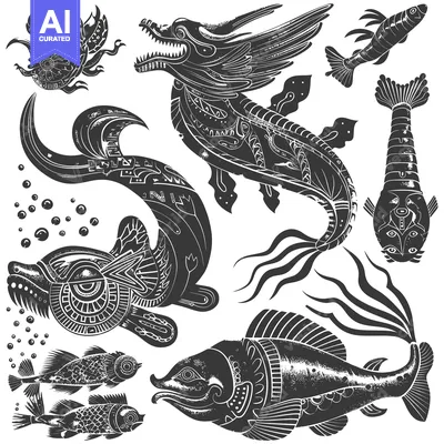 Aset premium populer: A collection of stylized fish and a dragon with intricate designs