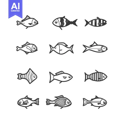 Premium design asset: A Collection of Stylized Fish Icons in Black and White