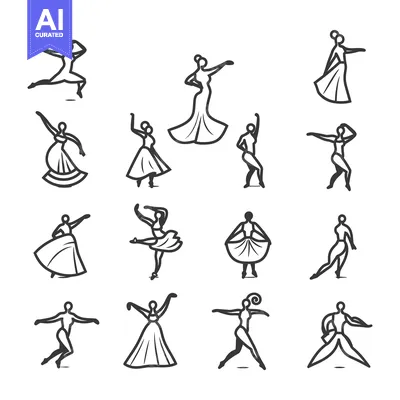 Aset premium populer: A collection of stylized line drawings of women dancing.