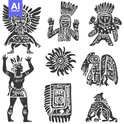 Aset desain premium: A Collection of Stylized Native American Figures and Symbols