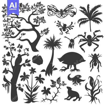 Aset premium populer: A Collection of Stylized Tree and Animal Silhouettes