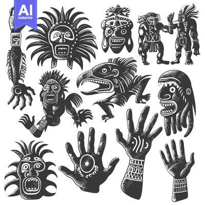 A Collection of Stylized Tribal Masks, Figures, and Hands