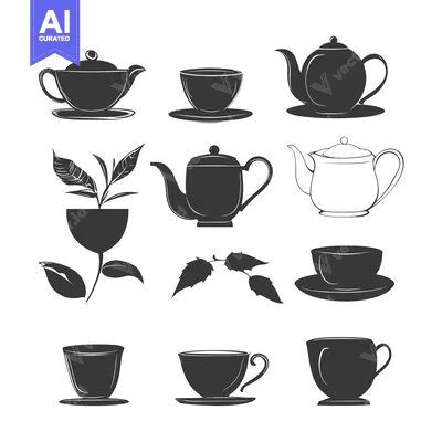 Popular premium asset: A collection of teacups and teapots with tea leaves