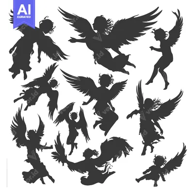 Aset premium populer: A Collection of Ten Angel Silhouettes in Flight