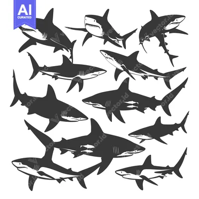 Aset premium populer: A Collection of Ten Black and White Shark Silhouettes