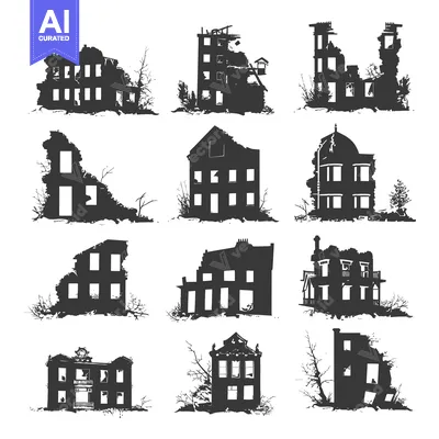 A Collection of Ten Ruined and Abandoned Buildings Silhouettes