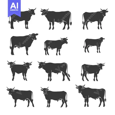 Aset desain premium: A Collection of Ten Silhouettes of Cows in Various Poses