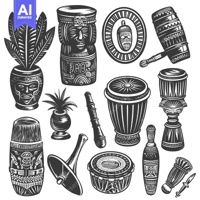 Aset desain premium: A Collection of Traditional African Musical Instruments and Artifacts