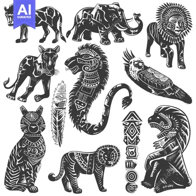 A Collection of Tribal Animal Illustrations in Black and White